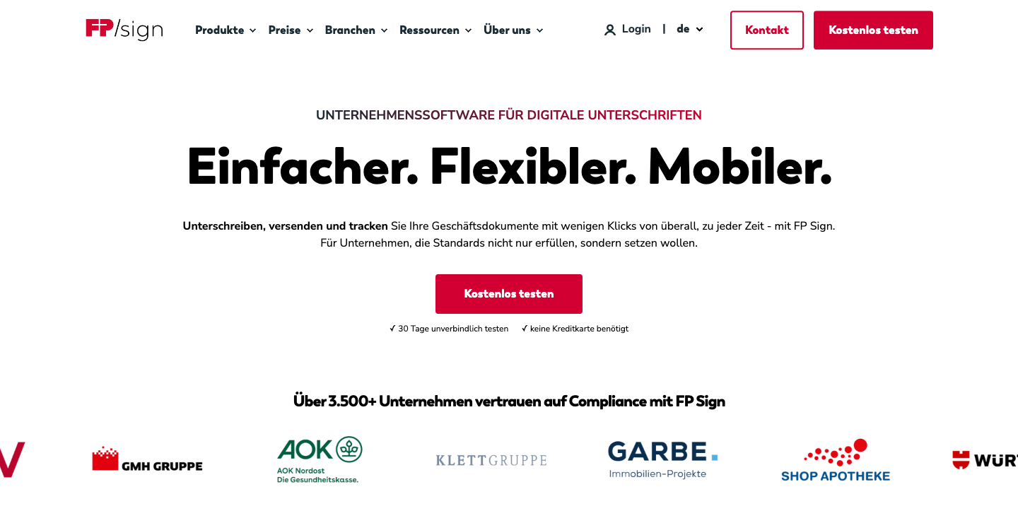 Startseite von FP Sign mit dem Angebot, 30 Tage kostenlos zu testen
