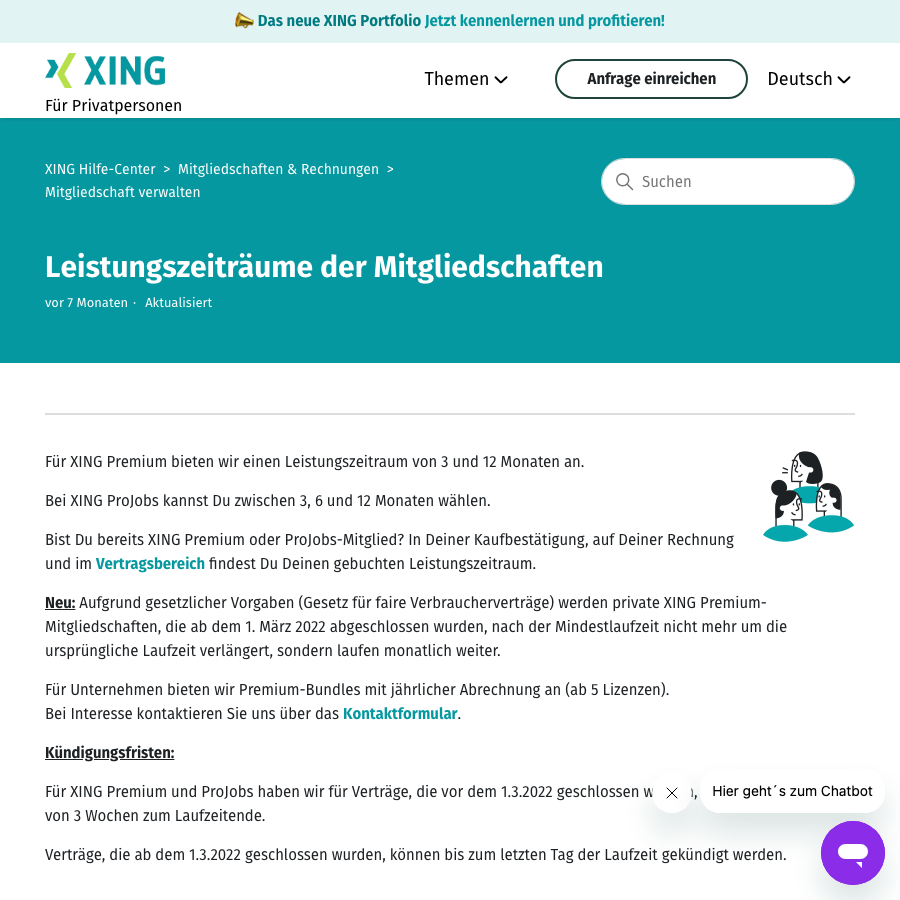 Screenshot der offiziellen XING-Hilfe-Center-Seite zu Laufzeiten und Kündigungsfristen der Mitgliedschaften.