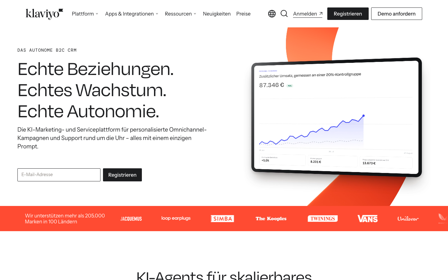 Startseite von Klaviyo mit Umsatzstatistik-Dashboard für Online-Shops