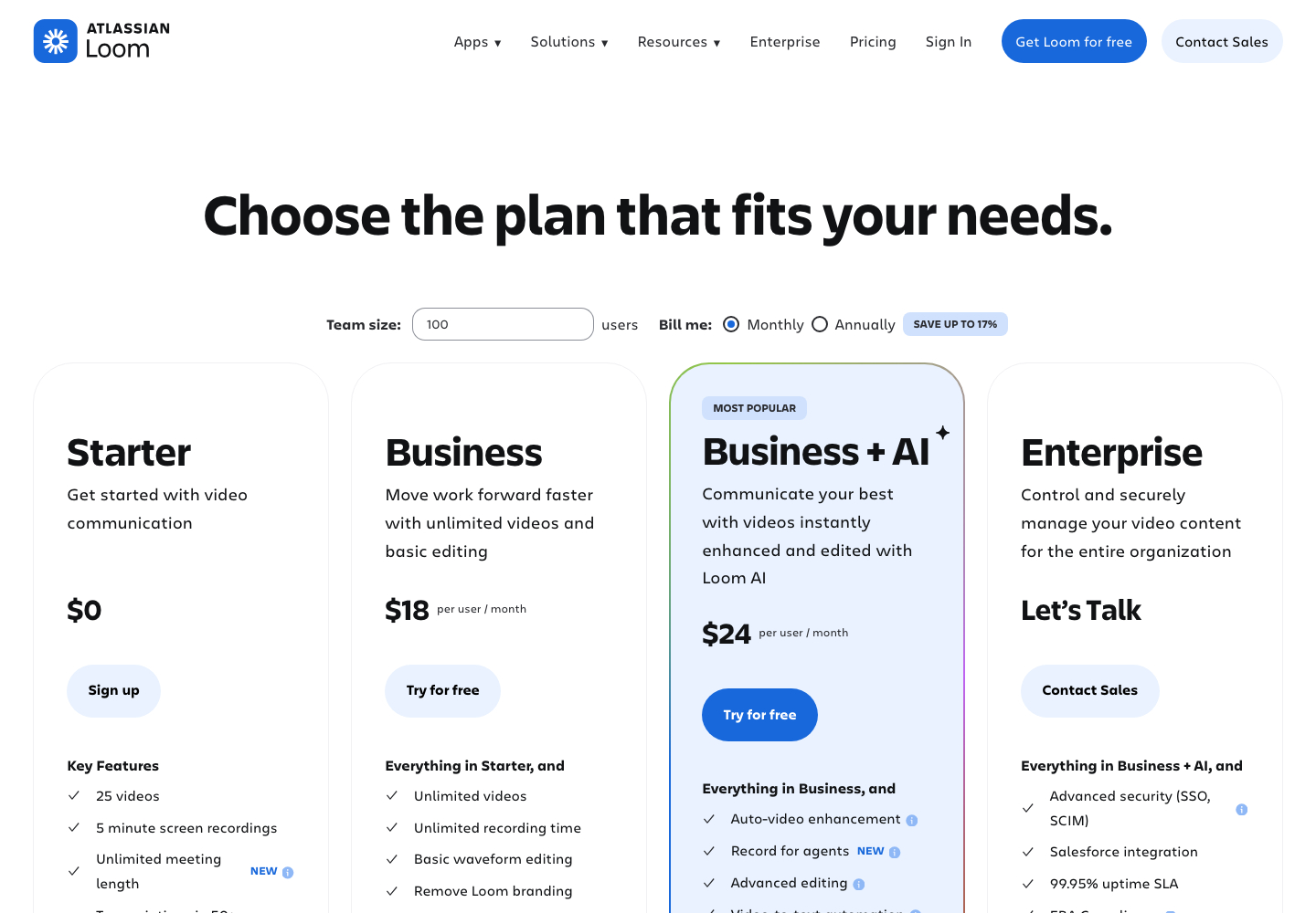 Screenshot der offiziellen Loom-Preisseite mit allen vier Tarifen Starter, Business, Business plus AI und Enterprise.