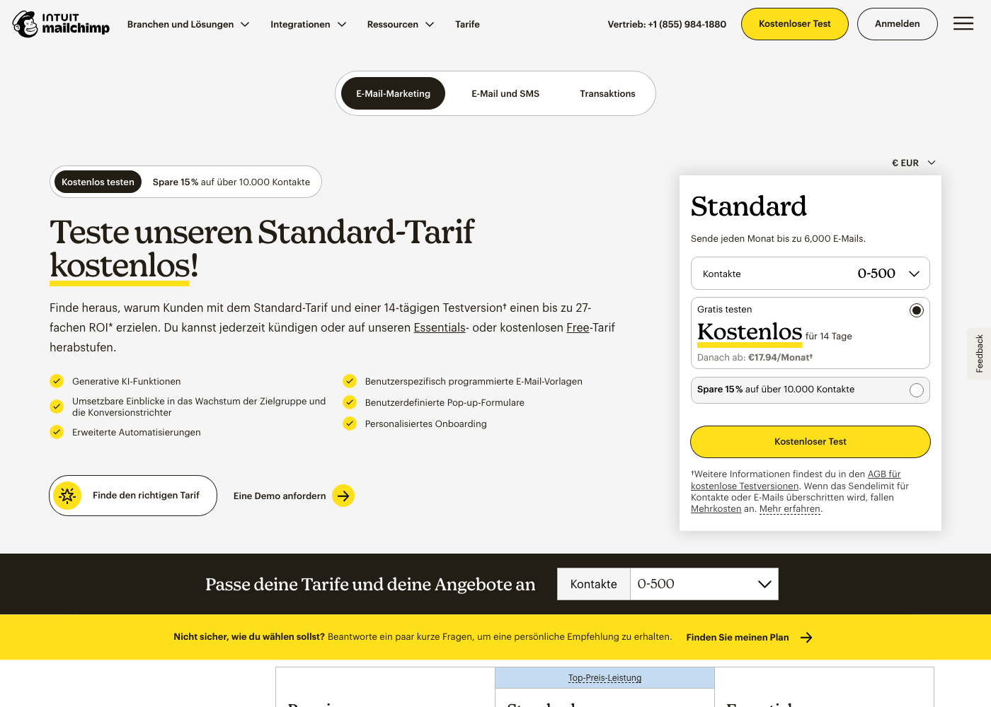 Screenshot der offiziellen Mailchimp-Preisseite mit Standard-Tarif und Kontaktgrößen-Auswahl in Euro.