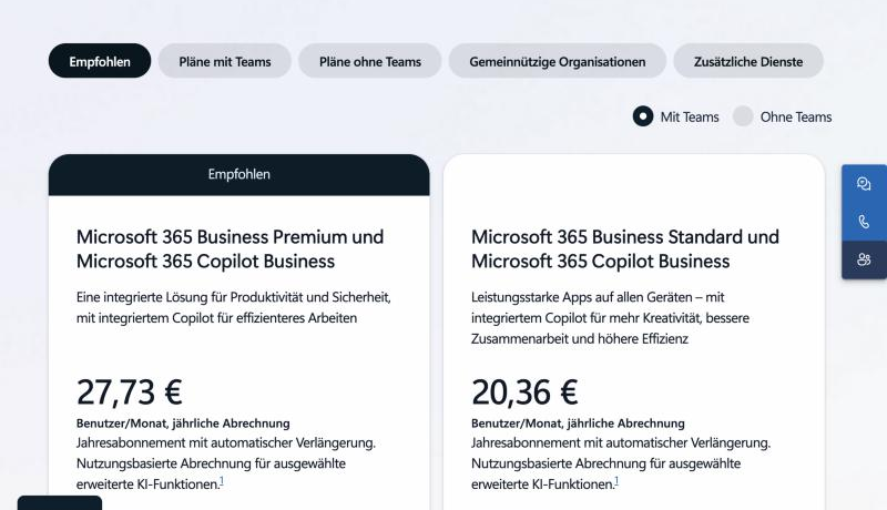 Screenshot der offiziellen Microsoft-365-Preisseite mit den Business-Tarifkarten Premium und Standard inklusive Copilot.
