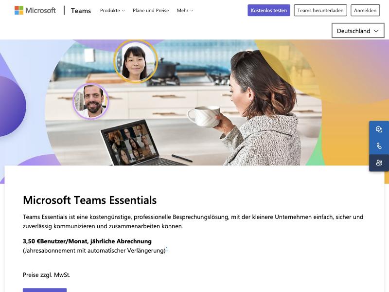 Screenshot der offiziellen Microsoft-Teams-Essentials-Produktseite mit dem Preis von 3,50 Euro pro Nutzer und Monat.