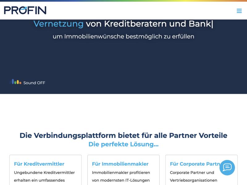 Profin.at Startseite als Plattform fuer Kreditvermittler