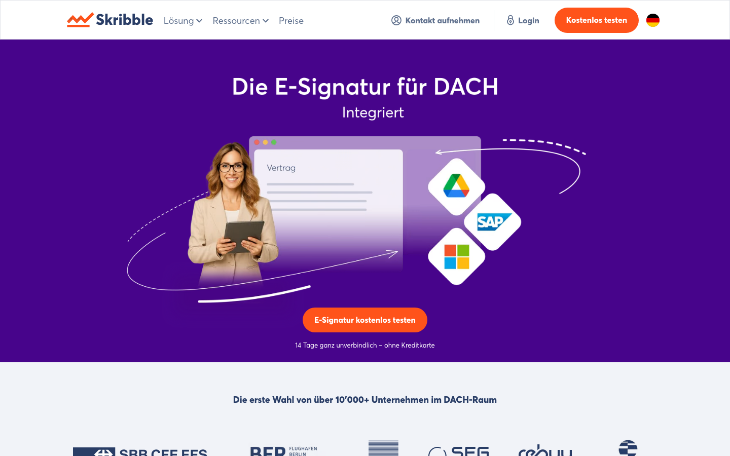 Startseite von Skribble mit dem Slogan Die E-Signatur für DACH
