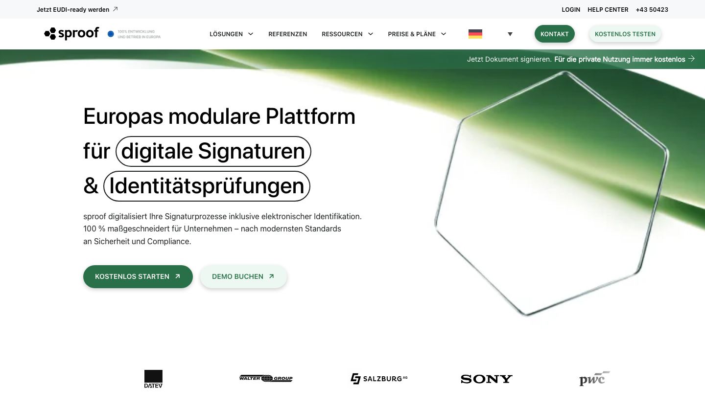 Startseite von sproof sign als Plattform für digitale Signaturen und Identitätsprüfungen