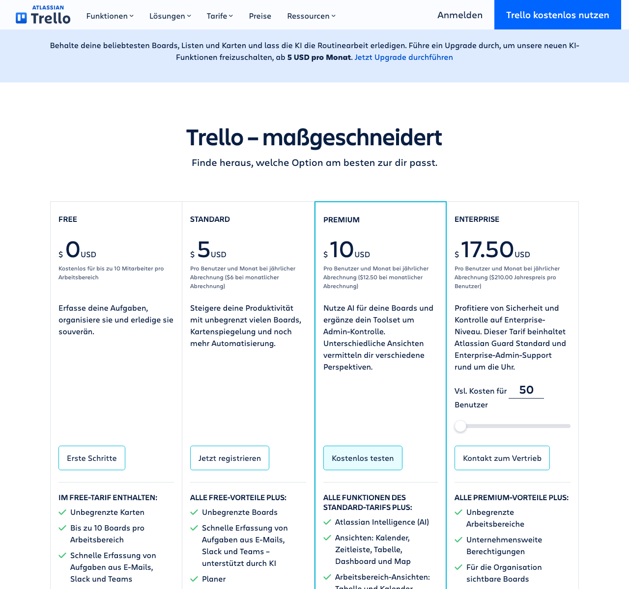 Screenshot der offiziellen Trello-Preisseite mit den vier Tarifen Free, Standard, Premium und Enterprise.