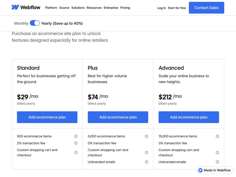 Screenshot der Webflow Ecommerce-Plan-Karten Standard, Plus und Advanced mit Preisen und Artikel-Limits.