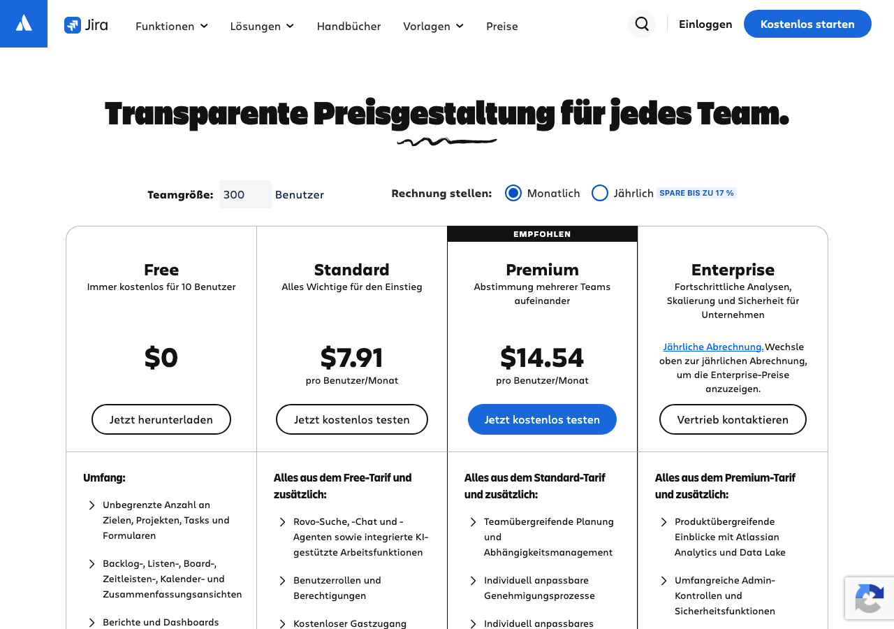Screenshot der offiziellen Jira-Preisseite von Atlassian mit Free-, Standard-, Premium- und Enterprise-Tarifen