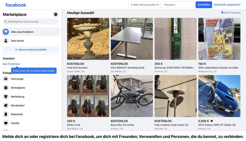 Facebook Marktplatz mit Kategorien wie Fahrzeuge, Mietobjekte und Bekleidung.