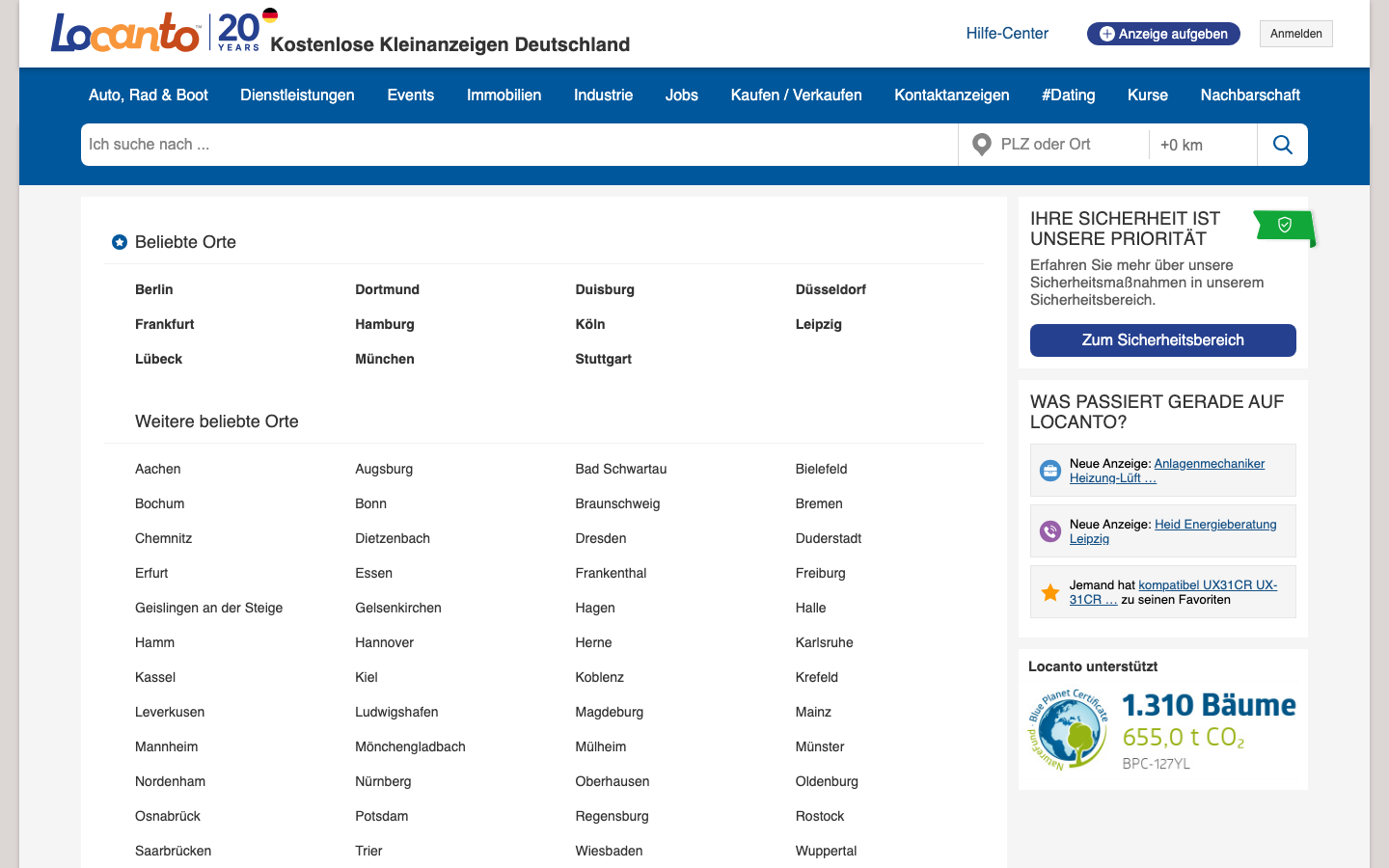 Locanto-Startseite mit Kategorienleiste und einer Liste beliebter deutscher Städte.