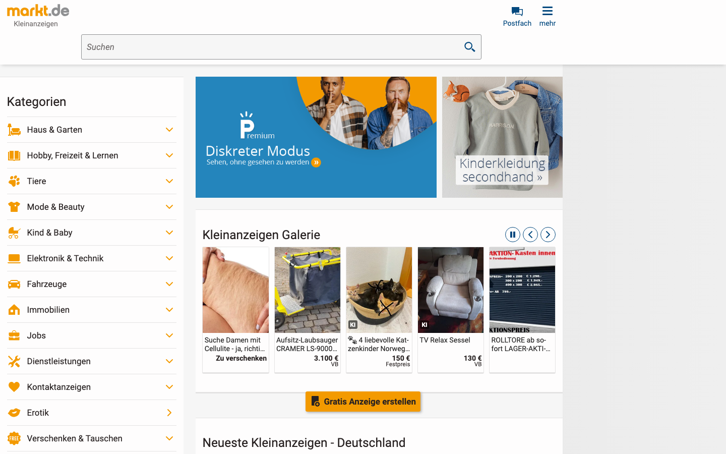 markt.de Startseite mit Kategorien und einer Galerie aktueller Kleinanzeigen.