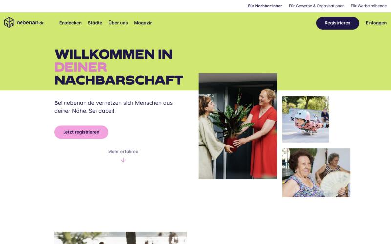 Startseite von nebenan.de mit dem Willkommenstext für die Nachbarschaft.