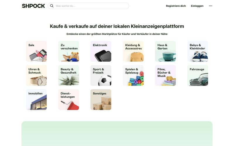 Shpock-Startseite mit Kategorien wie Kleidung, Elektronik und Fahrzeuge.