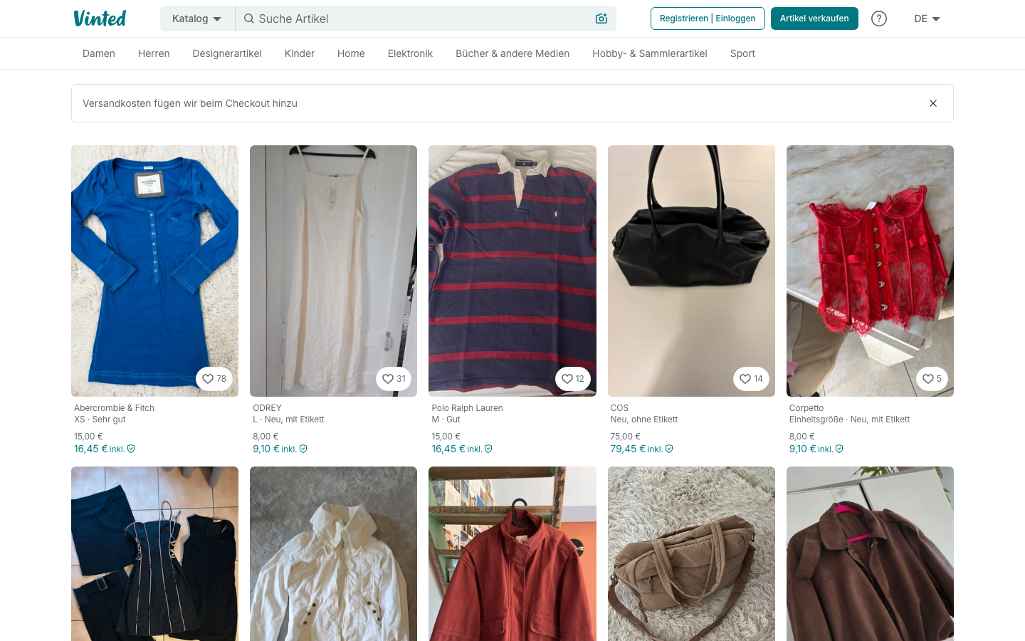 Vinted-Katalogseite mit gebrauchter Kleidung und Preisen inklusive Käuferschutz.