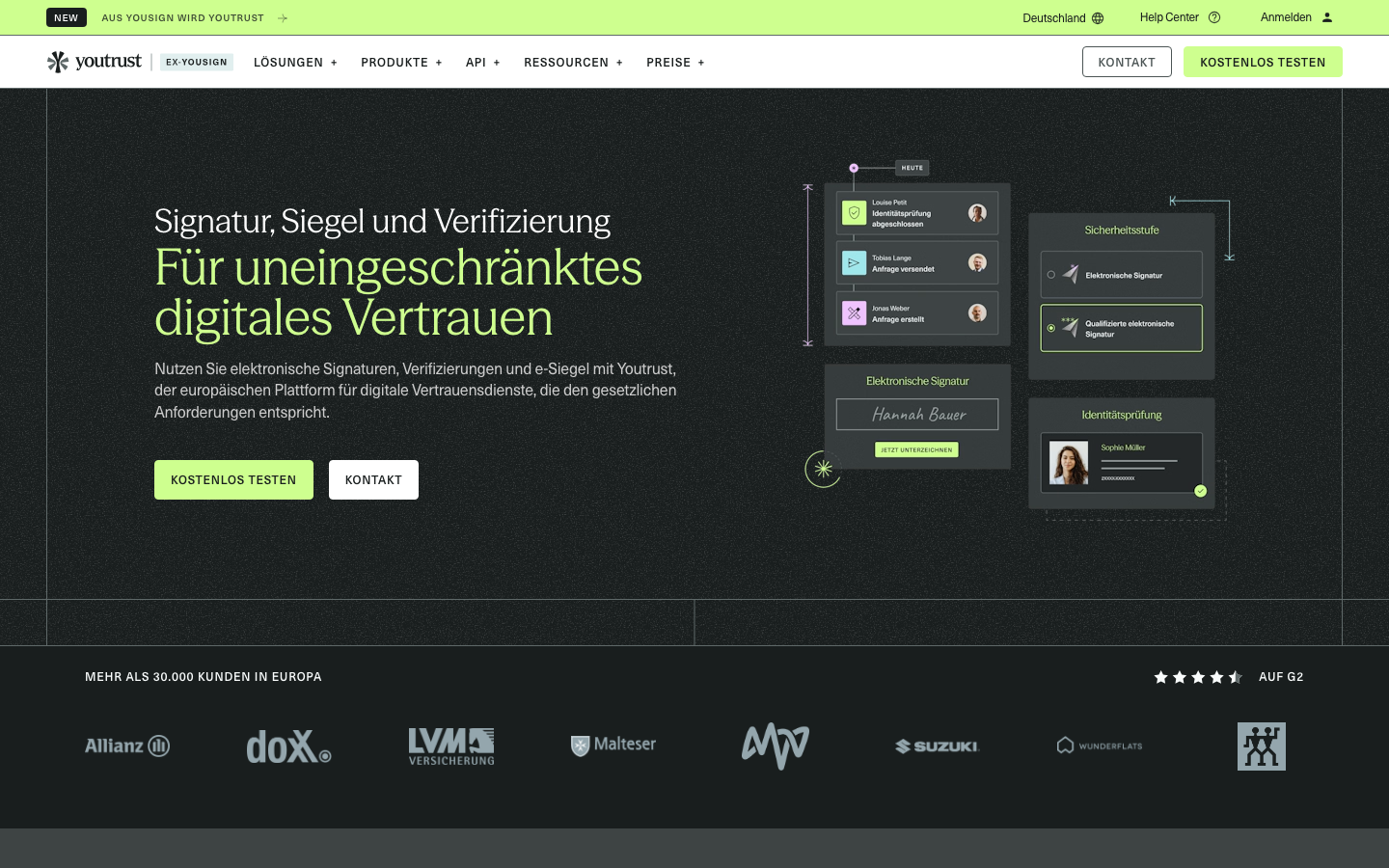 Startseite von Youtrust, dem früheren Yousign, mit Signatur, Siegel und Verifizierung