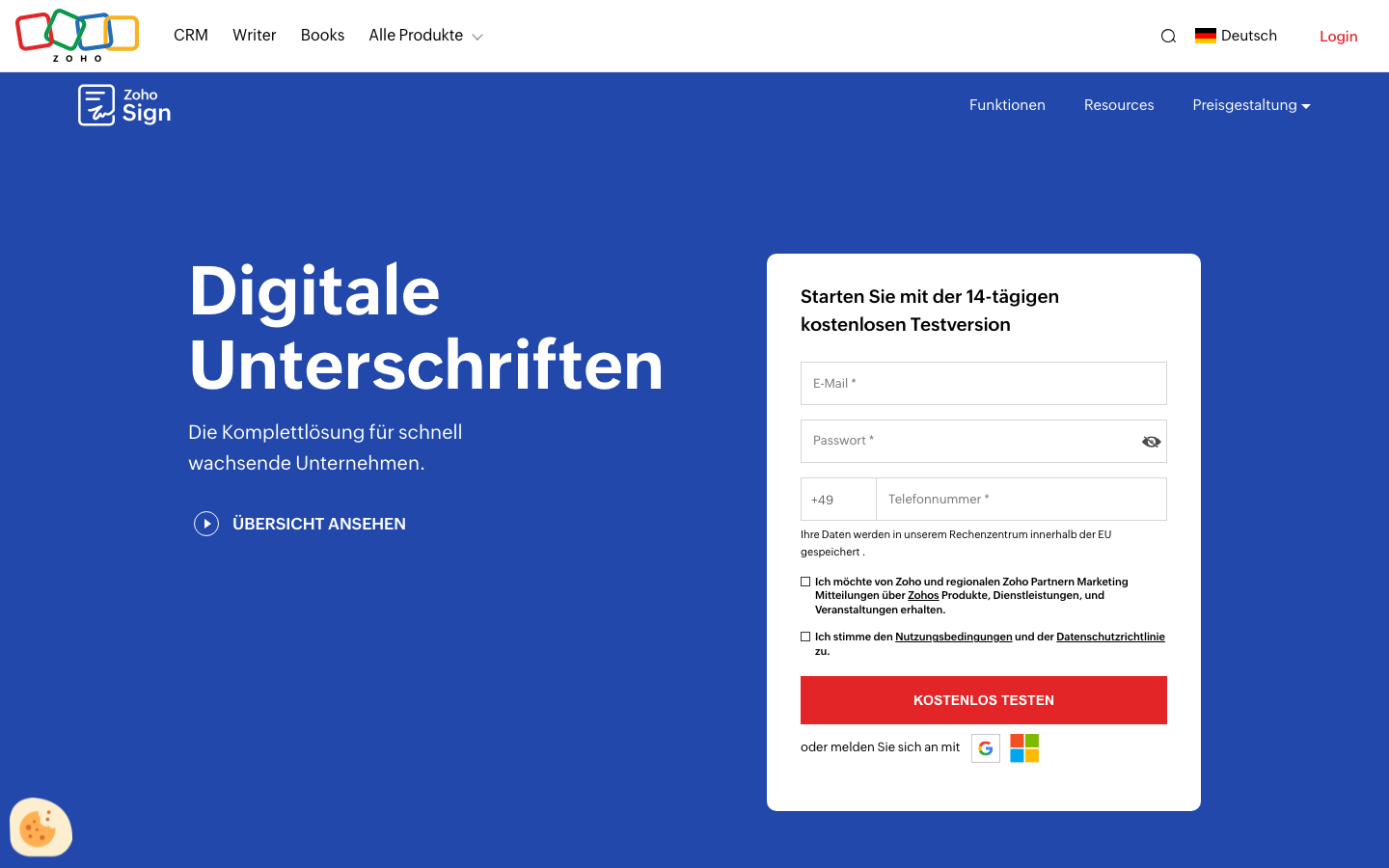 Startseite von Zoho Sign mit Formular für die 14-tägige Testversion